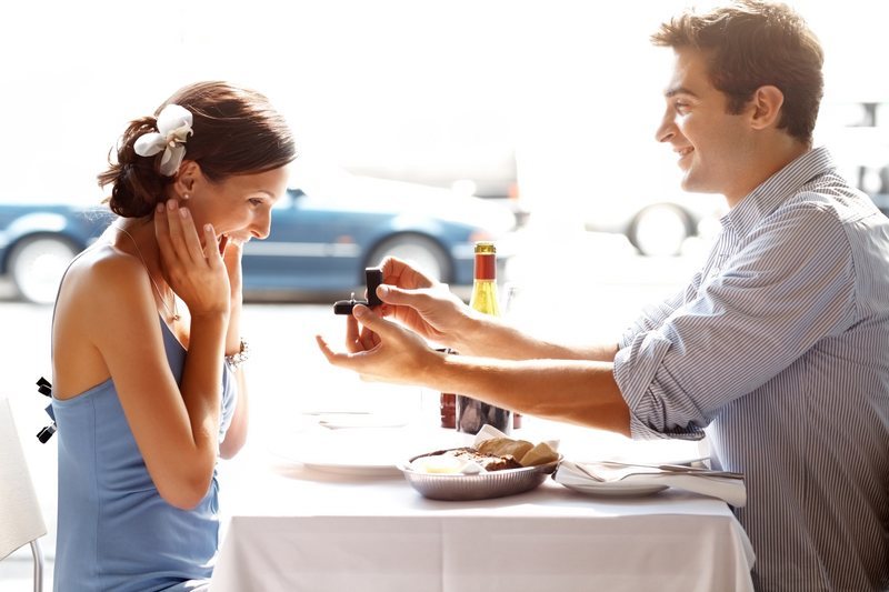 Happy young man gifting a ring to a beautiful woman over dinner